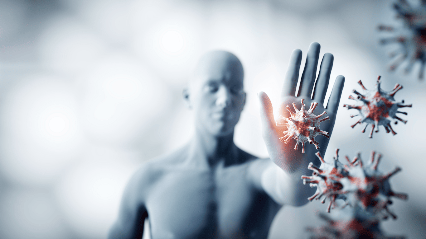 Cuerpo de hombro alzando la mano frenando virus y/o bacterias